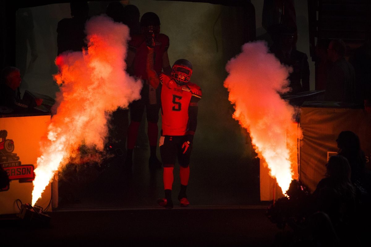 Empire DB Tyree Robinson (5) is introduced during player introductions during an IFL game Friday, May 20, 2016, in the Spokane Arena. (Colin Mulvany / The Spokesman-Review)