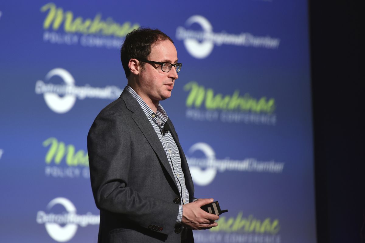 FILE - In this May 28, 2015, file photo Nate Silver, founder of FiveThirtyEight.com and best selling author of "The Signal and the Noise," gives his keynote address during the Mackinac Policy Conference at the Grand Hotel on Mackinac Island, Mich.  (Tanya Moutzalias)