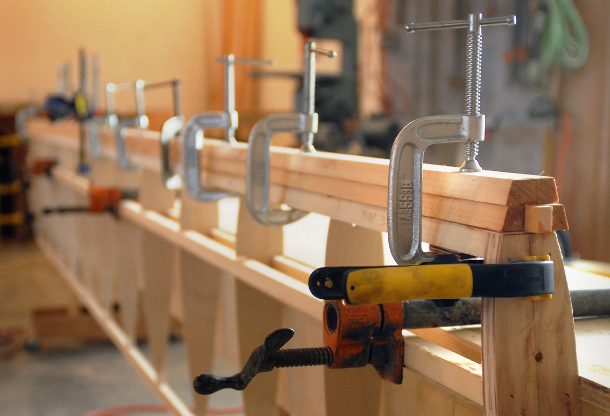 The frame of a wing for an ST 49 landsailing boat sits clamped together at John Eisenlohr’s workshop in Lakeside, Mont. The wing will be over 14 feet tall. (The Spokesman-Review)