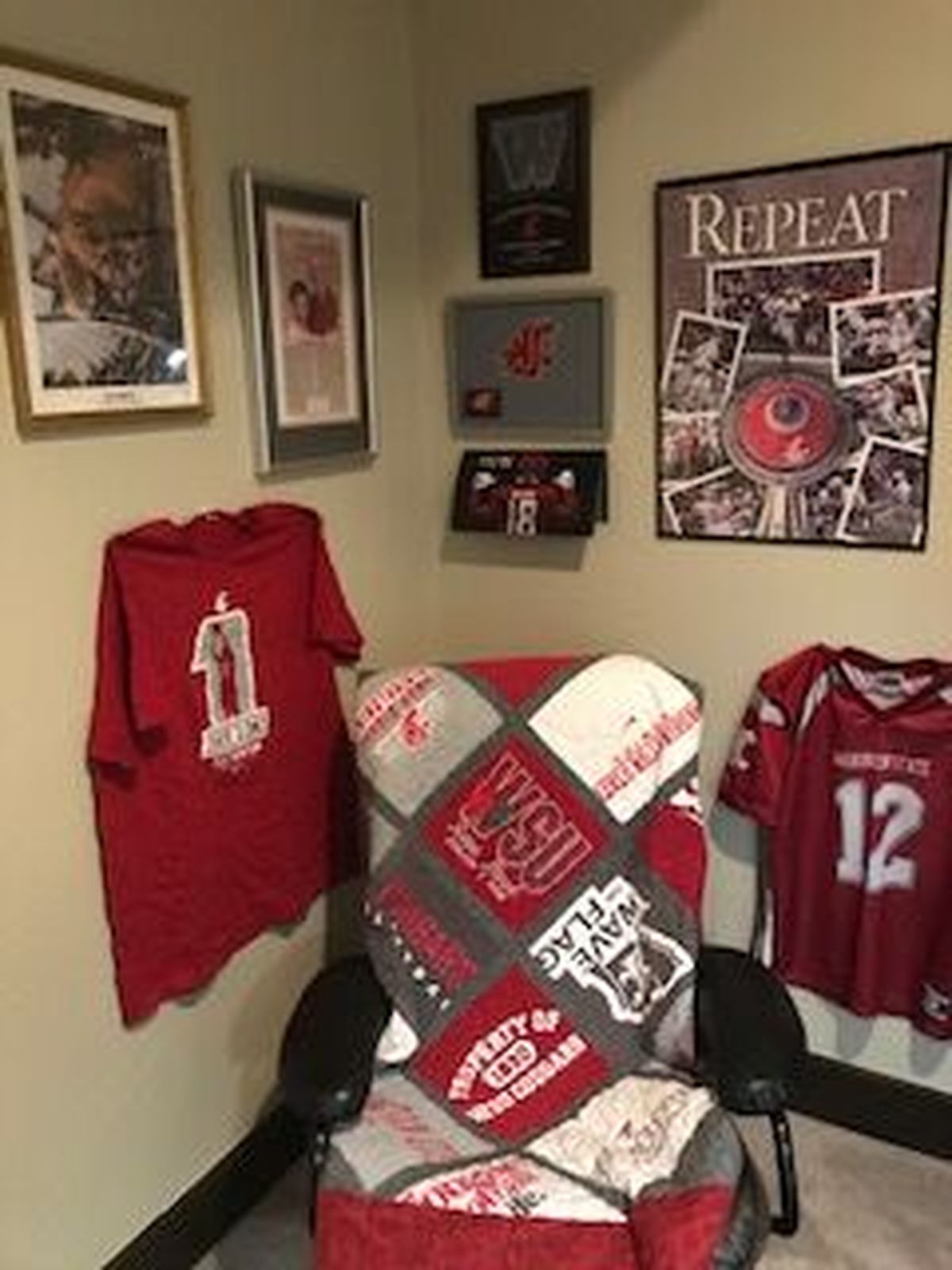Carol McCabe Adams, who lives in Colorado, now displays the WSU-themed family quilt in her home after the item was returned at the end of December.  (Courtesy)