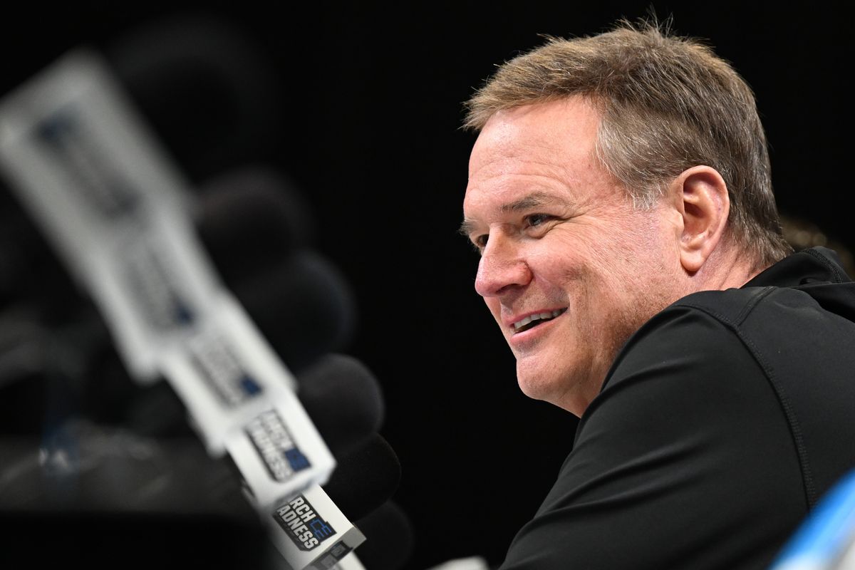 Kansas coach Bill Self smiles responding to a question during Friday's press conference at the Delta Center in Salt Lake City.  (By Tyler Tjomsland/The Spokesman-Review)