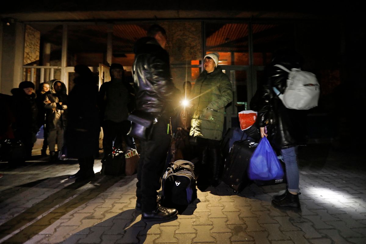 At the train station in Mykolaiv, people traveling to Kyiv, Ukraine