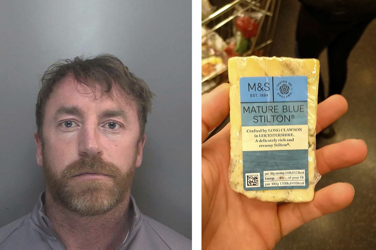 Two images released Thursday May 27, 2021, by Merseyside Police showing a photo of Carl Stewart, left, and the photo he posted of himself holding a block of cheese that was used by police to identify Stewart who has been jailed Friday May 23, 2021, for 13 years and six months on various drugs charges. Carl Stewart, 39, posted online a photo of himself holding a block of mature blue cheese and police in Europe cracked the encrypted network as part of Operation Venetic, and officers were able to analyse his fingerprints from the photo to identify him.  (Carl Stewart/Merseyside Police)