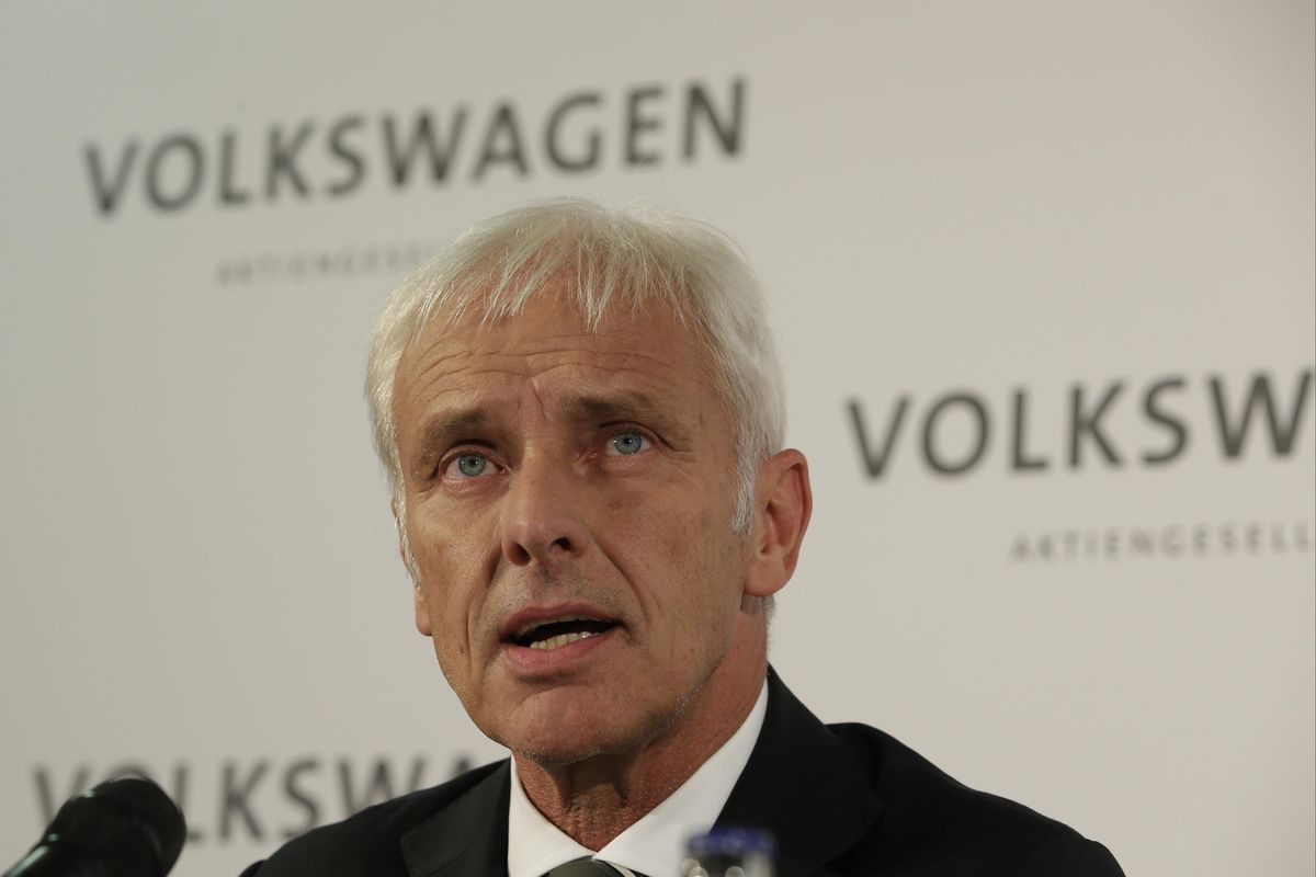 Volkswagen CEO Matthias Mueller speaks during a press statement after a meeting of Volkswagen