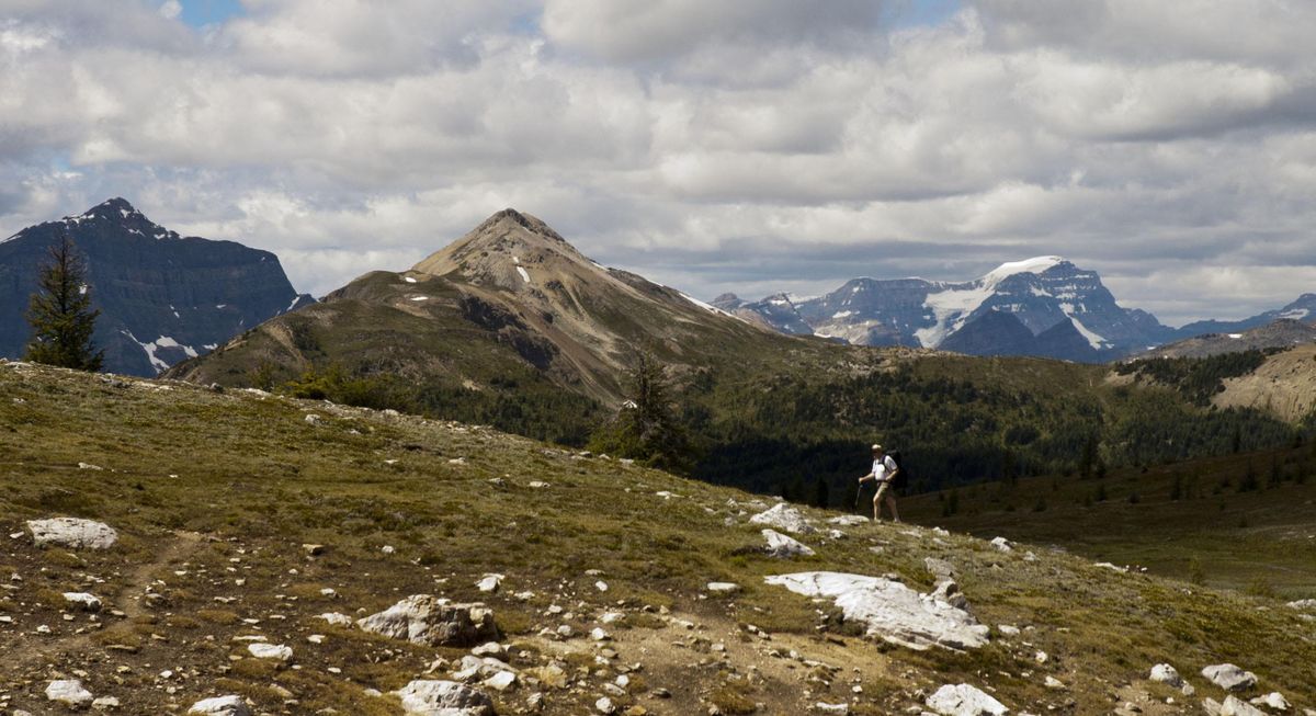 A hiker nears the top of Citadel Pass, about 6.5 miles from the start of the hike from Sunshine Village. (John Nelson photo)