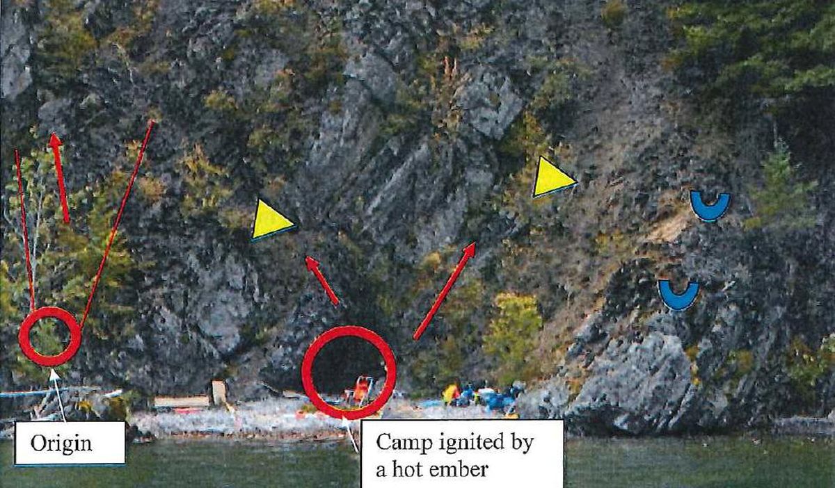 This image from the Cape Horn fire investigation report shows the camp site of Lisa Gibson and Kim Cannon on Lake Pend Oreille. It also shows where the wildfire began just next to where the women were camping and where Gibson fired two signal flares a few hours before the fire took off and race up the steep slopes, eventually destroying nine homes. (Idaho Department of Lands)