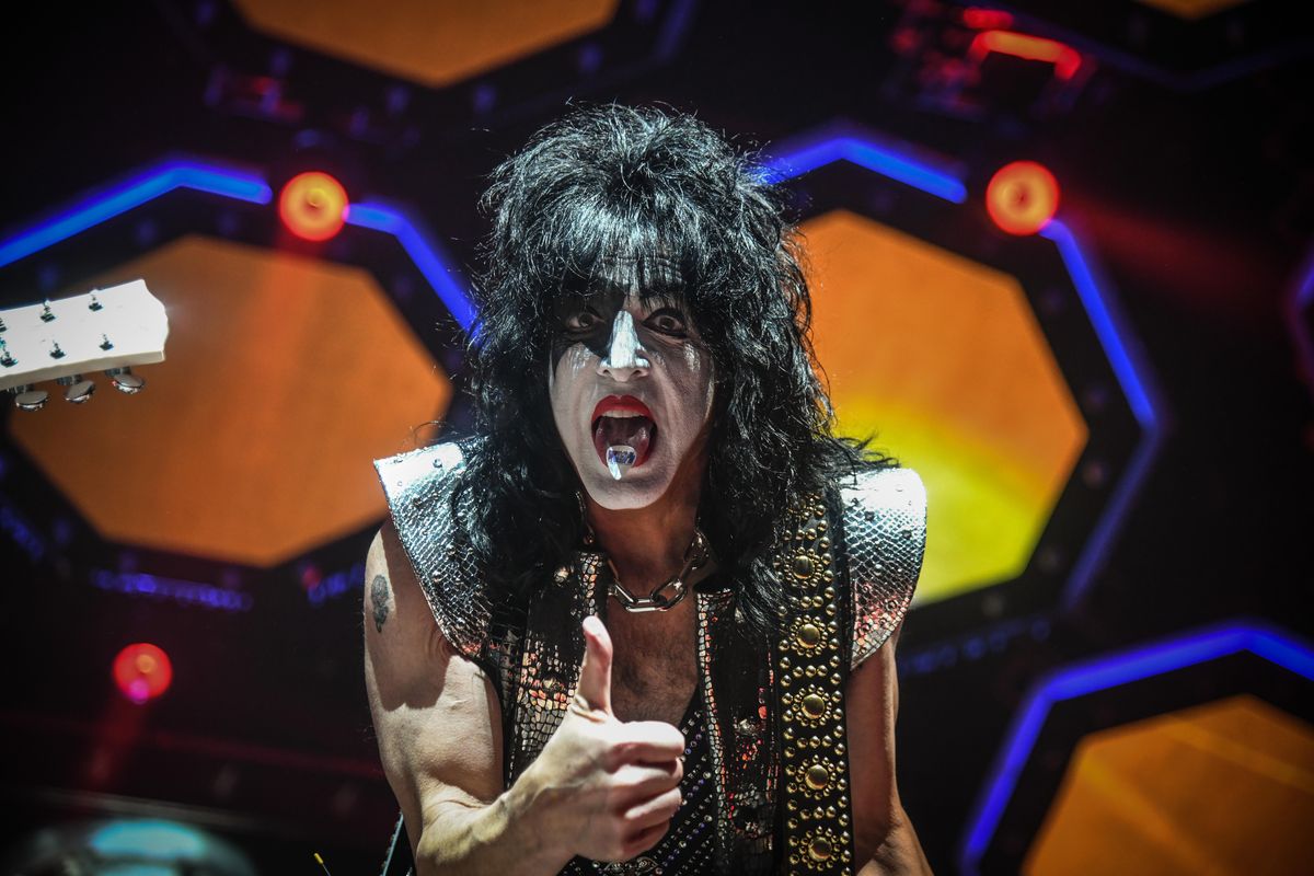 Paul Stanley, of Kiss, plays to the crowd, Monday, Feb. 4, 2019, in the Spokane Arena. (Dan Pelle / The Spokesman-Review)