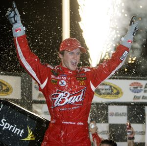 Kasey Kahne celebrates his second victory of the season. (Associated Press / The Spokesman-Review)
