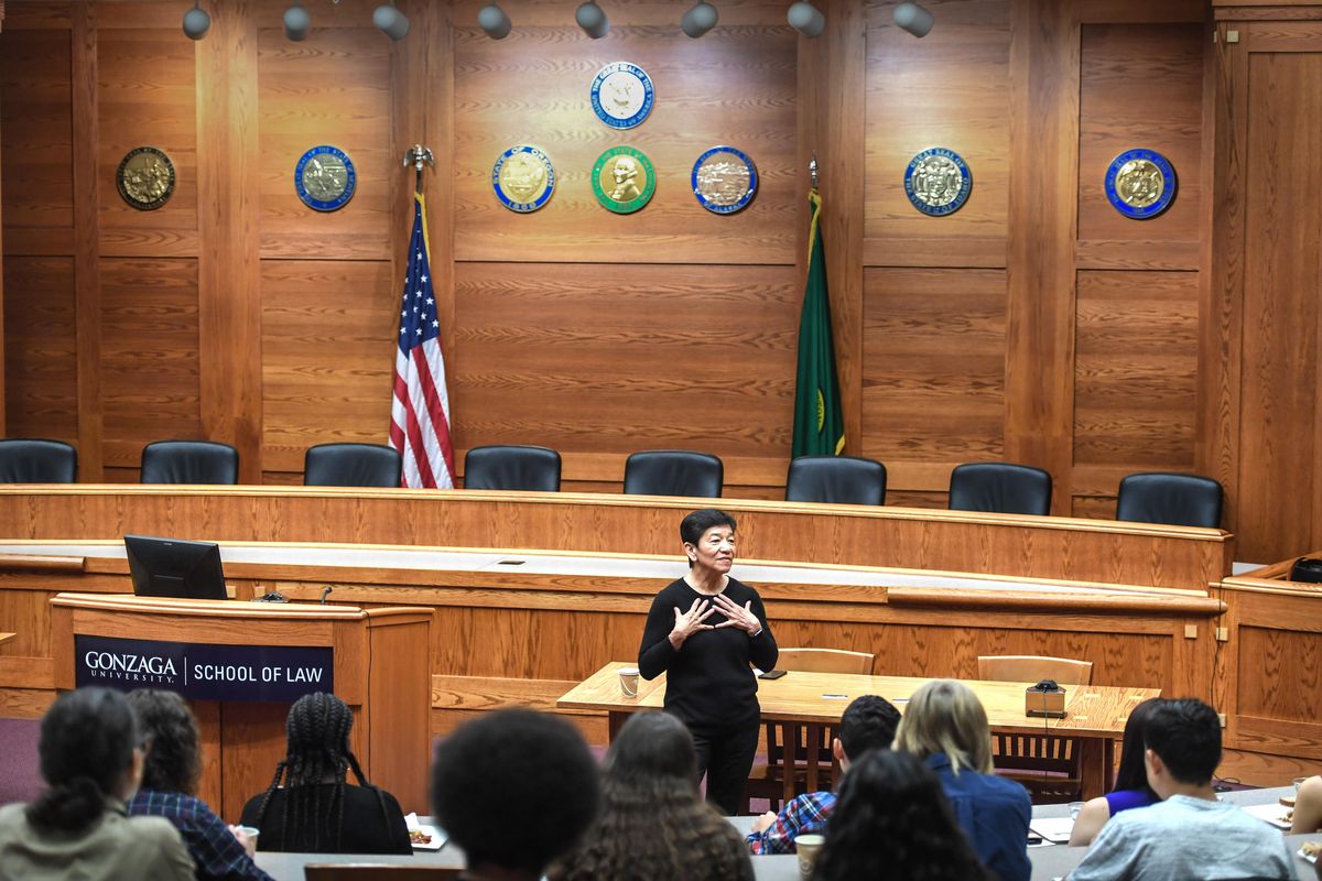 Supreme Court Justice Mary Yu speaks to a select group of area school students on Saturday morning at the Gonzaga University School of Law, Saturday, Sept. 29, 2018. (Dan Pelle / The Spokesman-Review)