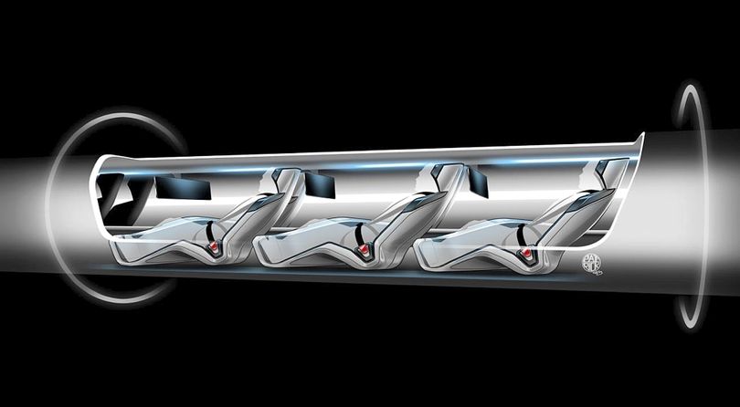 This image released by Tesla Motors is a sketch of the “Hyperloop” system, which would use a tube with capsules inside that would float on air, traveling at more than 700 mph. (Associated Press)