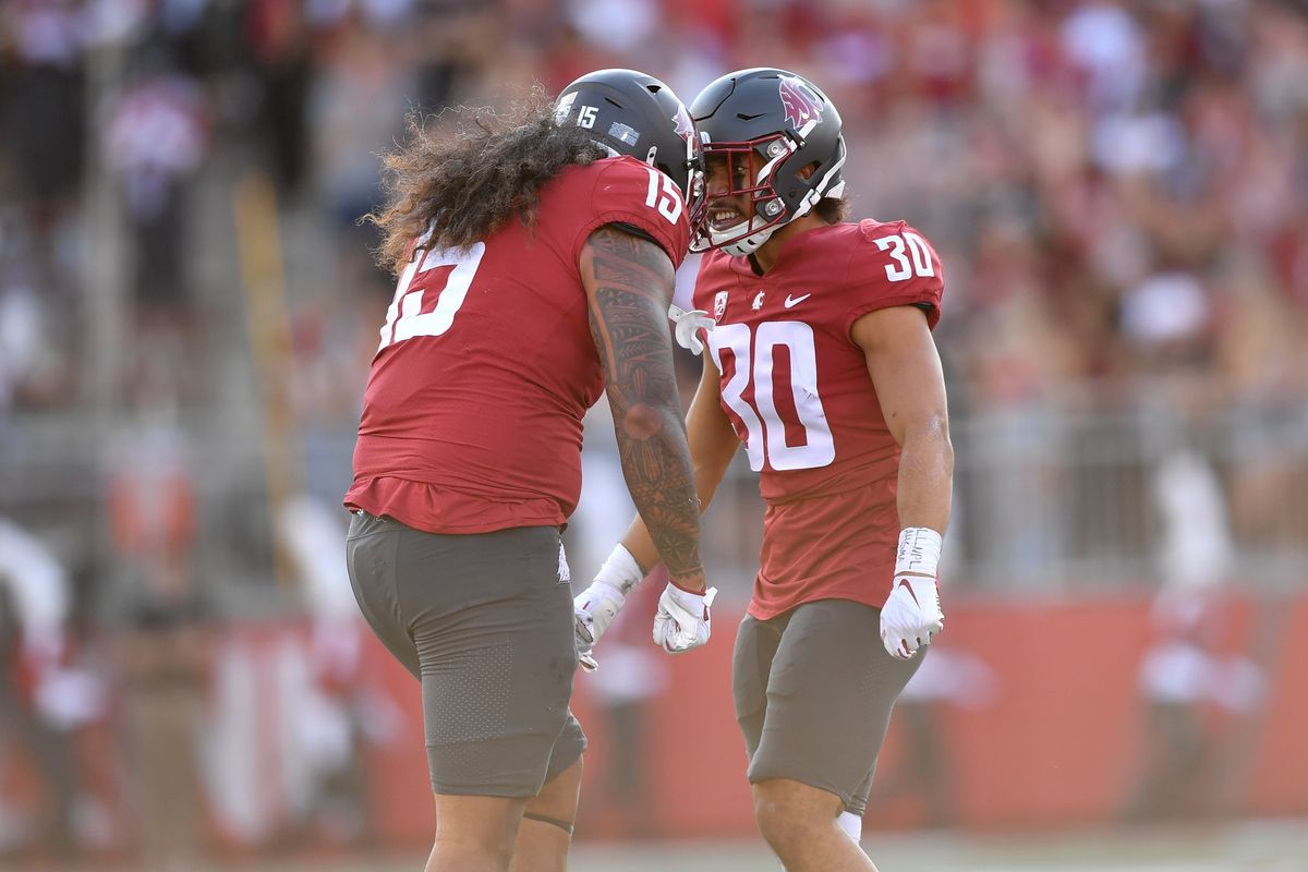 Washington State Cougars defensive lineman Nusi Malani (15) and defensive back Jackson Lataimua (30) celebrate during the first half of a college football game on Saturday, Sept. 9, 2023, at Martin Stadium in Pullman, Wash.  (Tyler Tjomsland/The Spokesman-Review)
