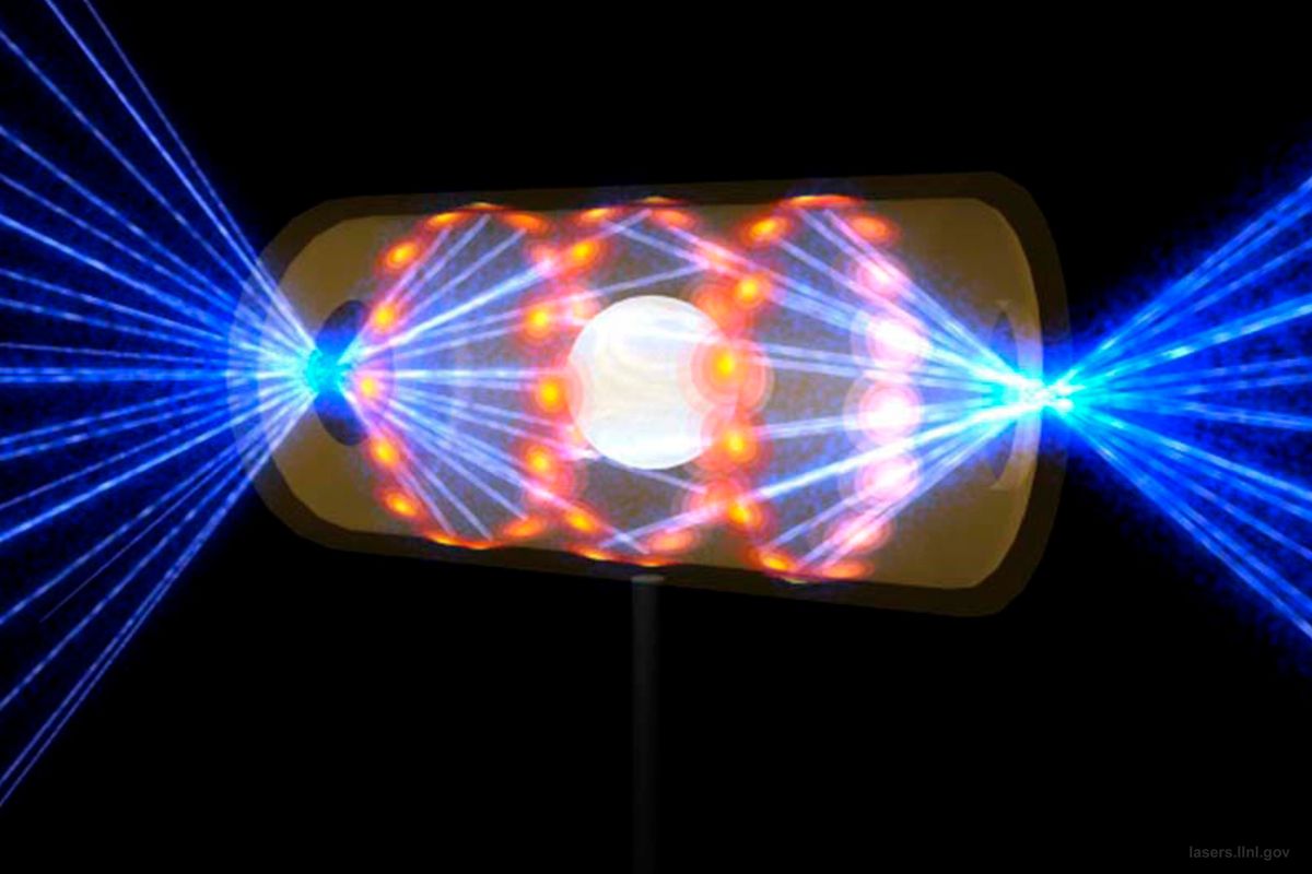 An illustration of a target pellet inside a hohlraum capsule with laser beams entering through openings on both end. (HOGP)