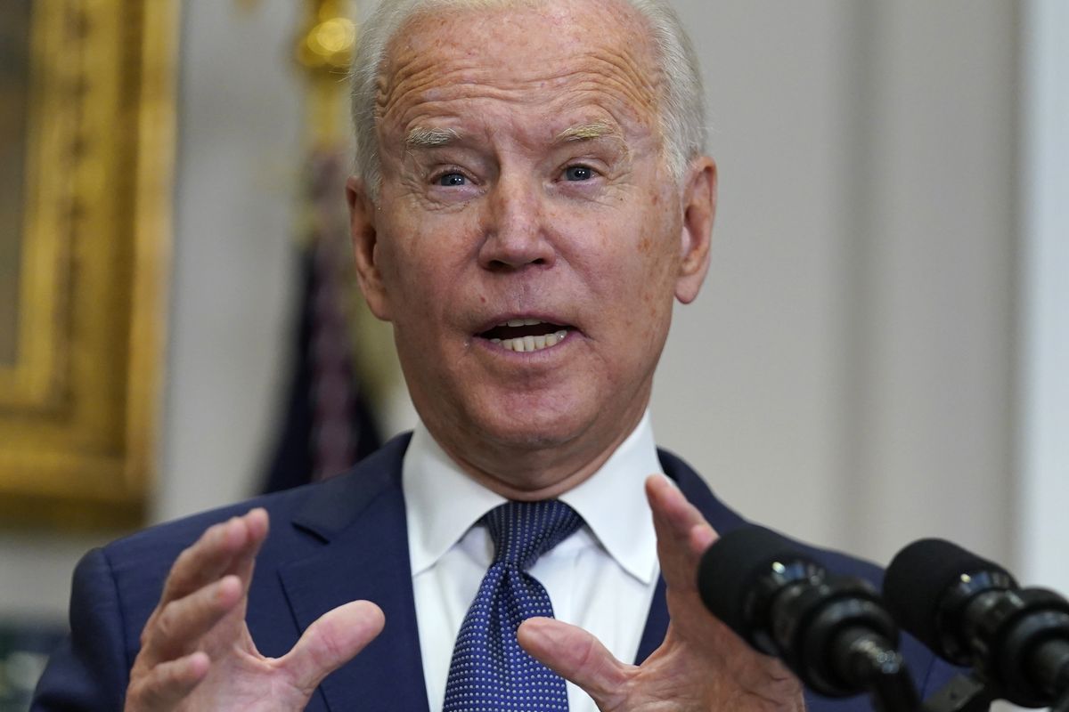 President Joe Biden speaks about the situation in Afghanistan in the Roosevelt Room of the White House, Sunday, Aug. 22, 2021, in Washington.  (Manuel Balce Ceneta)