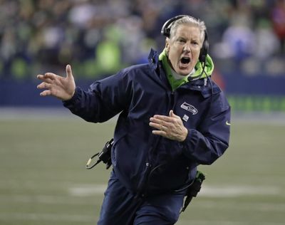 Seattle Seahawks head coach Pete Carroll reacts during the second half of  Sunday’s home win over the Kansas City Chiefs. (Elaine Thompson / AP)