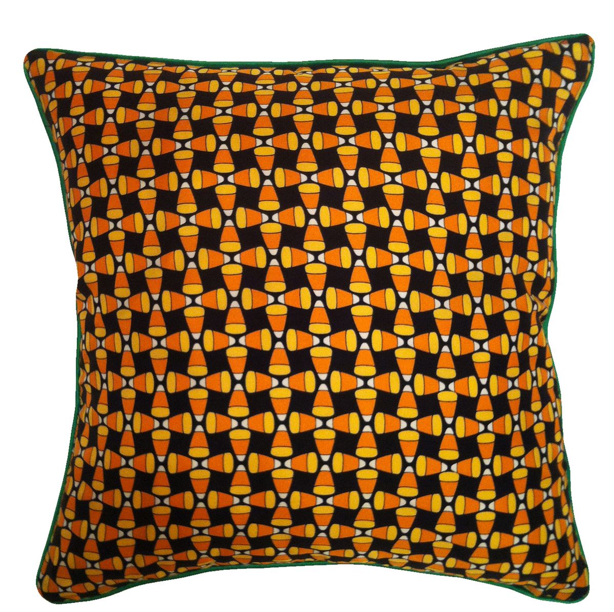 Above: A silk pillow ($115) with a candy corn print that showcases Halloween as seasonal decor.