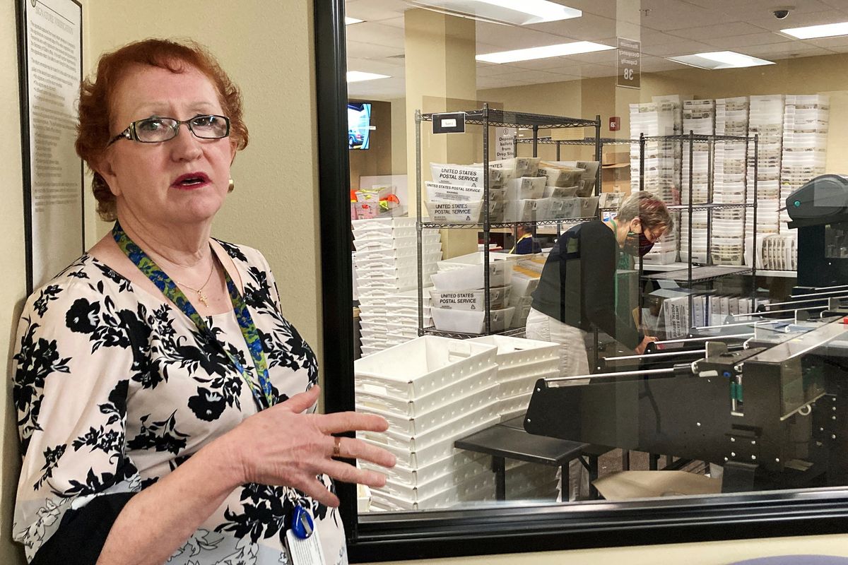 FILE— Clackamas County Elections Clerk Sherry Hall speaks at the office on Thursday, May 19, 2022, Oregon City, Ore. Ballots with blurry barcodes that can