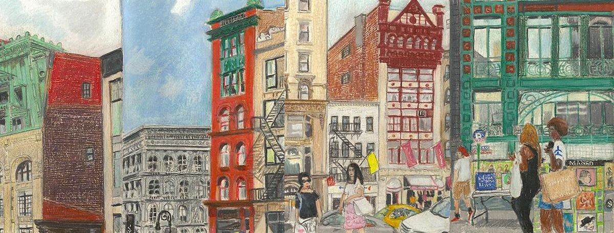 Elise Engler’s A Year on Broadway, Grand Street to Houston Street 2014-2015 gouache, graphite, color pencil on paper 6 x 21.25 (of 108) (Elise Engler)