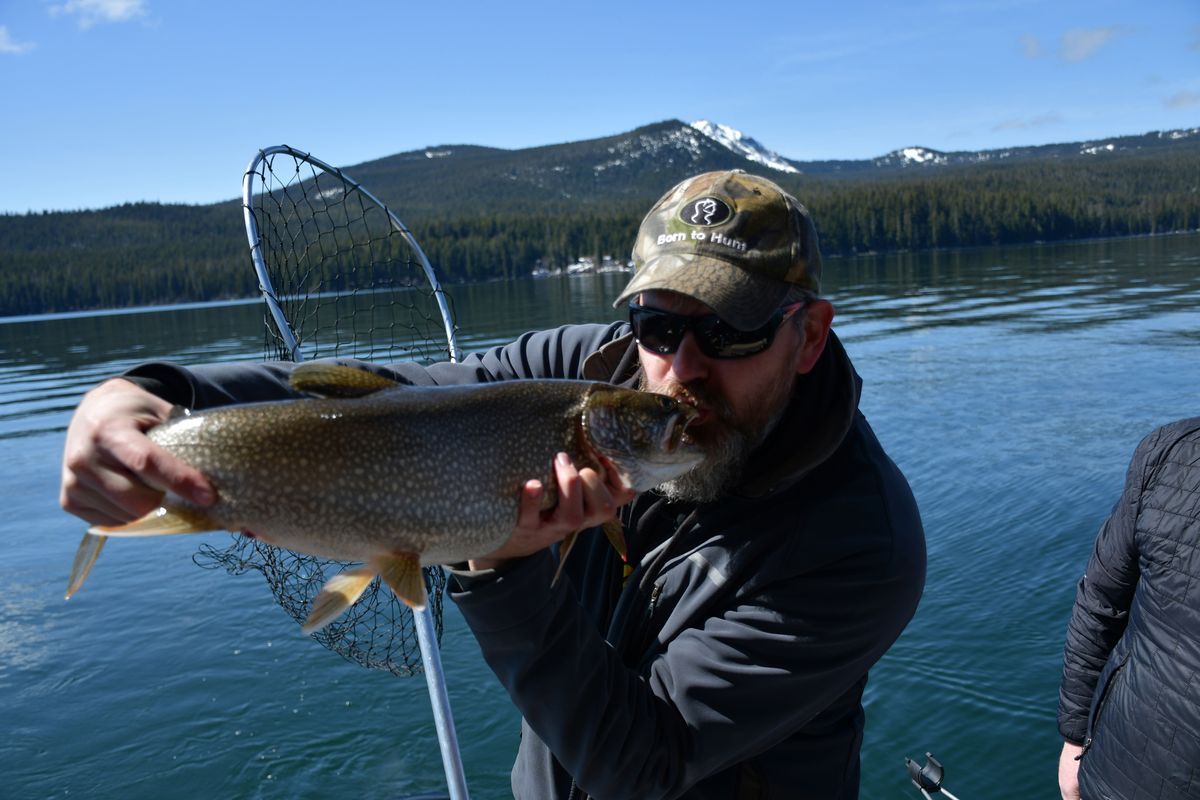 Steve Nicovich meets the 10-pound mackinaw trout he caught on Odell Lake, in Oregon’s Klamath County.  (John Stoekl/ Mail Tribune)