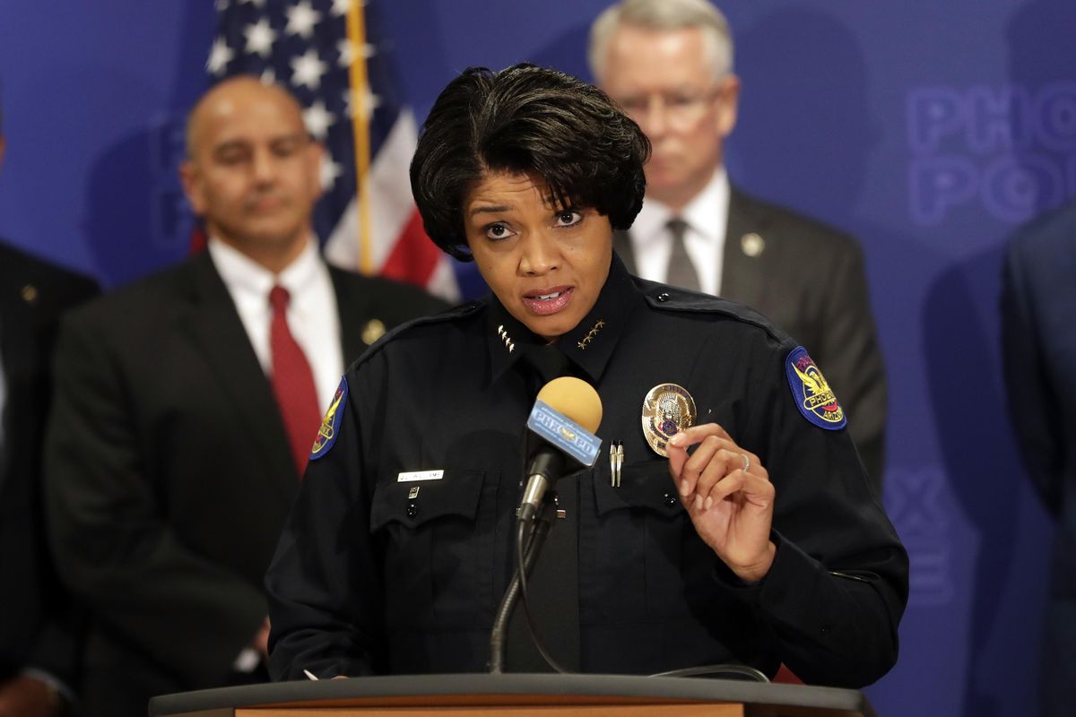 Phoenix Police Chief Jeri L. Williams announces, Monday, May 8, 2017, in Phoenix, the arrest of 23-year-old Aaron Juan Saucedo in connection with the serial street shootings that terrorized the Phoenix area over four months in 2016. (Matt York / Associated Press)