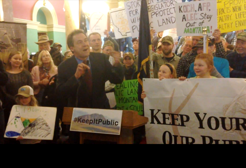 Montana Gov. Steve Bullock speaks out against federal land transfer legislation in a rally organized by sportsman at the Capitol in Helena. (From Helena Indpendent-Record video)