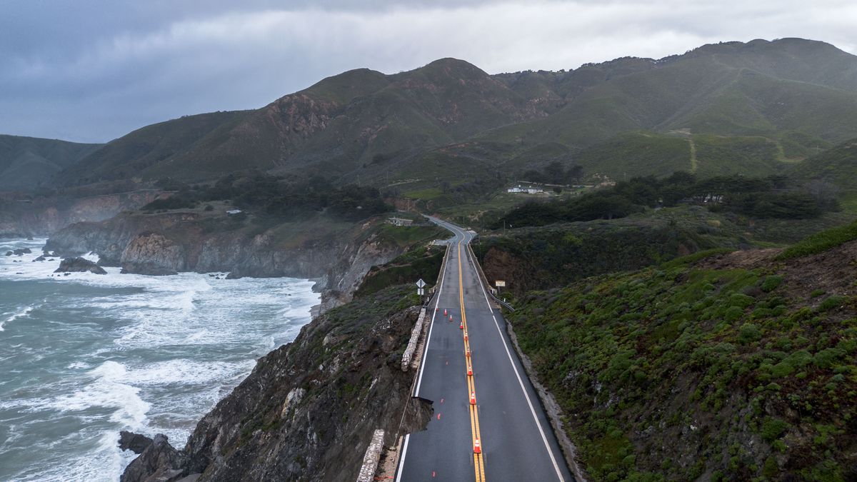 After days of heavy rainfall, hail and powerful winds over the last 24 hours a portion of U.S. Highway 1 collapsed into the Pacific Ocean, trapping visitors and residents in Big Sur, Calif., on Saturday.    (Melina Mara/The Washington Post)