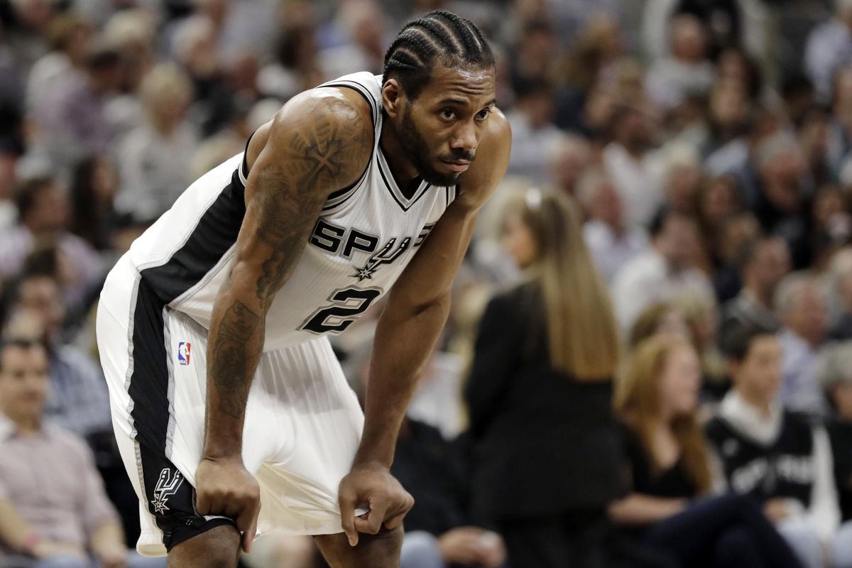In this May 9, 2017, file photo, San Antonio Spurs’ Kawhi Leonard  waits during a timeout in the first half in Game 5 of an NBA  playoff series against the Houston Rockets in San Antonio. (Eric Gay / Associated Press)