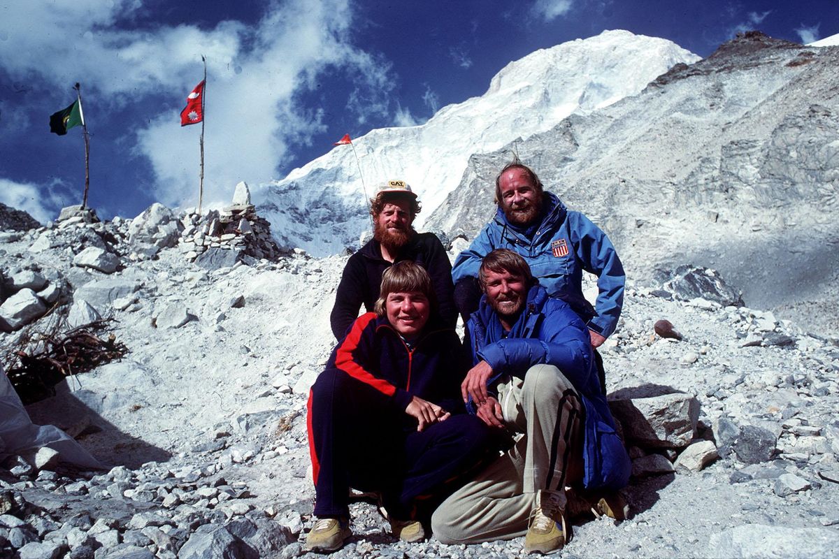 The 1980 Makalu team all from Spokane. Back row: Jim States and Chris Kopczynski. Front row: Kim Momb and John Roskelley. Makalu is located on the border of Nepal and China. (Photo by Chris Kopczynski.)