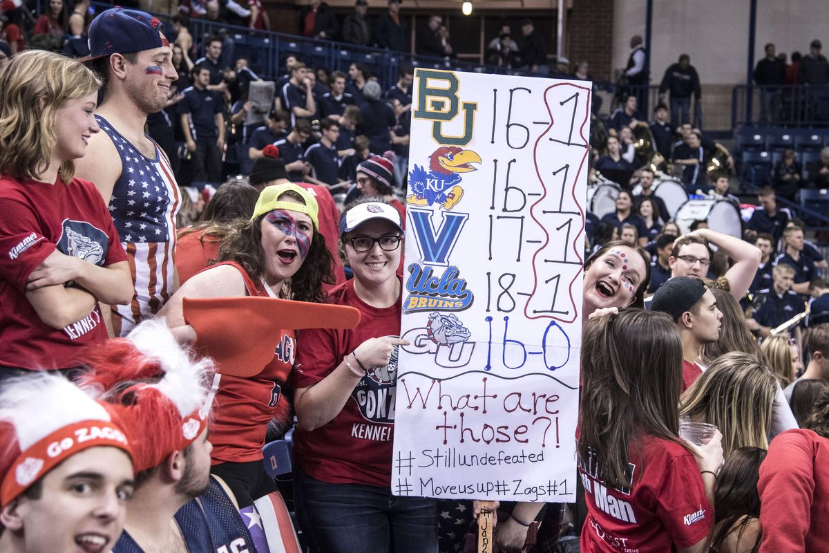 Gonzaga Kennel Club members post a win-loss record sign before the start of the Gonzaga-Saint Mary’s game, Saturday, Jan. 14, 2017, at the McCarthey Athletic Center in Spokane. (Dan Pelle / The Spokesman-Review)