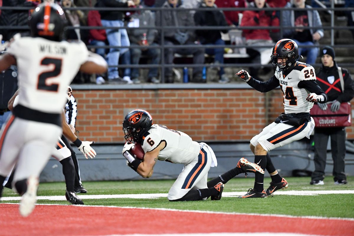 Oregon State intercepts a pass from Washington State Cougars quarterback Anthony Gordon (18) during the first half of a college football game on Saturday, November 23, 2019, at Martin Stadium in Pullman, Wash. (Tyler Tjomsland / The Spokesman-Review)