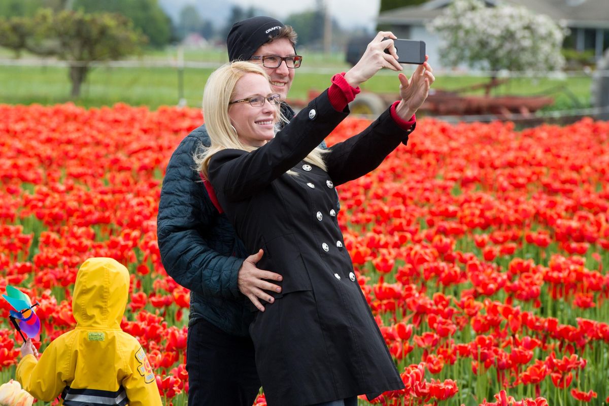 Mike Flory and Bonnie Branch take a selfie amid a sea of color on Wednesday, April 26, 2017, at Tulip Town near Mt. Vernon, Wash. (Tyler Tjomsland / The Spokesman-Review)