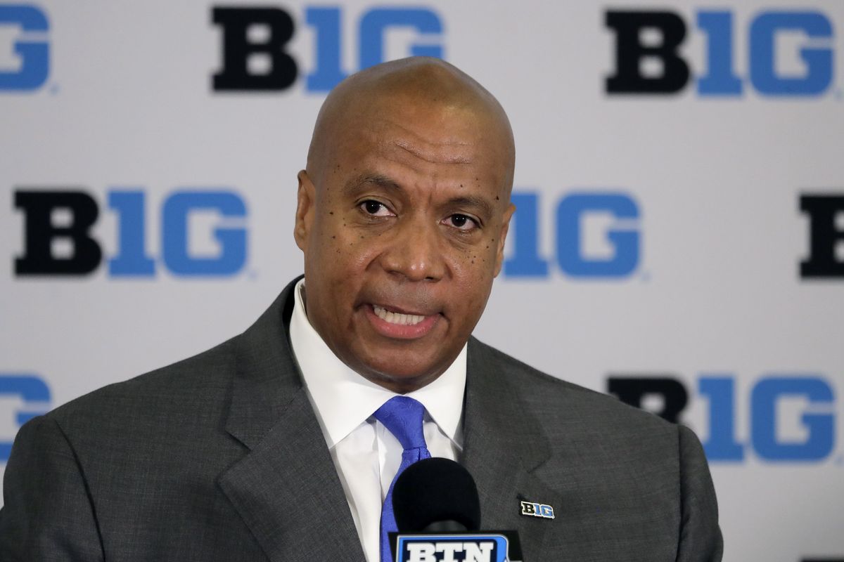 In this June 4, 2019 photo, Kevin Warren talks to reporters after being named Big Ten Conference Commissioner during a news conference in Rosemont, Ill. Leaders of six state legislatures in the Big Ten footprint have sent a letter to commissioner Kevin Warren asking the conference to reconsider its decision to cancel the fall football season. The letter is written on the letterhead of Michigan House speaker Lee Chatfield and also signed by statehouse leaders from Iowa, Minnesota, Ohio, Wisconsin and Pennsylvania.  (Charles Rex Arbogast)