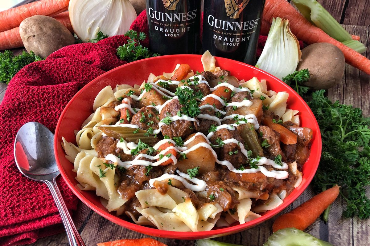 Slow cooker Guinness beef stew is a hearty dish for St. Patrick’s Day. (Audrey Alfaro / For The Spokesman-Review)