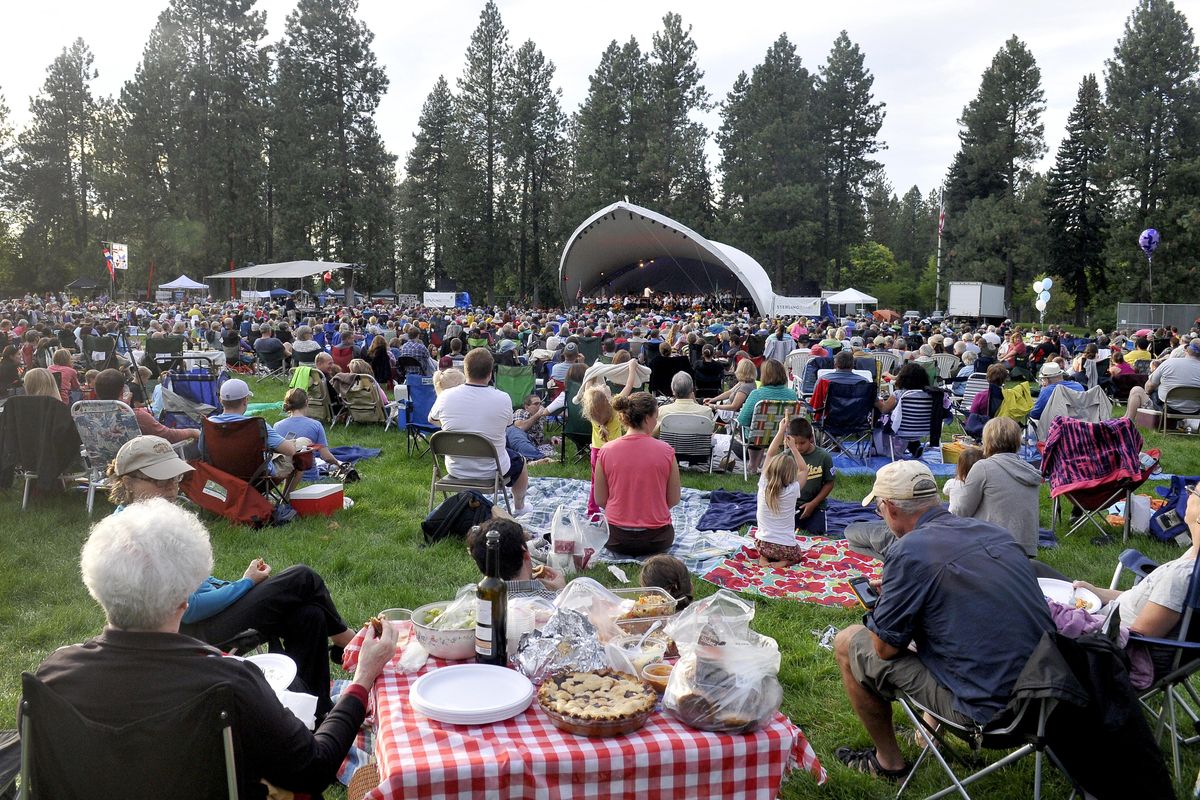 Concert goers eat picnic lunches while the Spokane Symphony plays a menu of light classics Monday, Sept. 2, 2013 at Comstock Park, the site of the symphony's free Labor Day concert. (Jesse Tinsley / The Spokesman-Review)