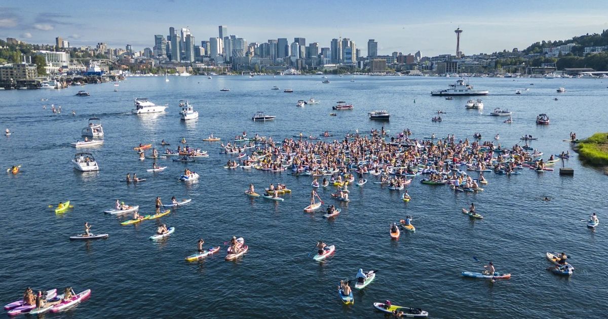 Crowds of paddleboarders are flocking to Lake Union for Seattle Paddle Rave