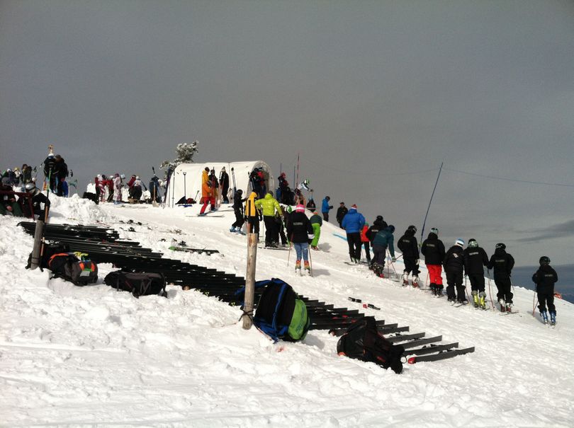 Racers at the start of the Trudi Bolinder Memorial Super-G at Bogus Basin on Sunday (Betsy Russell)