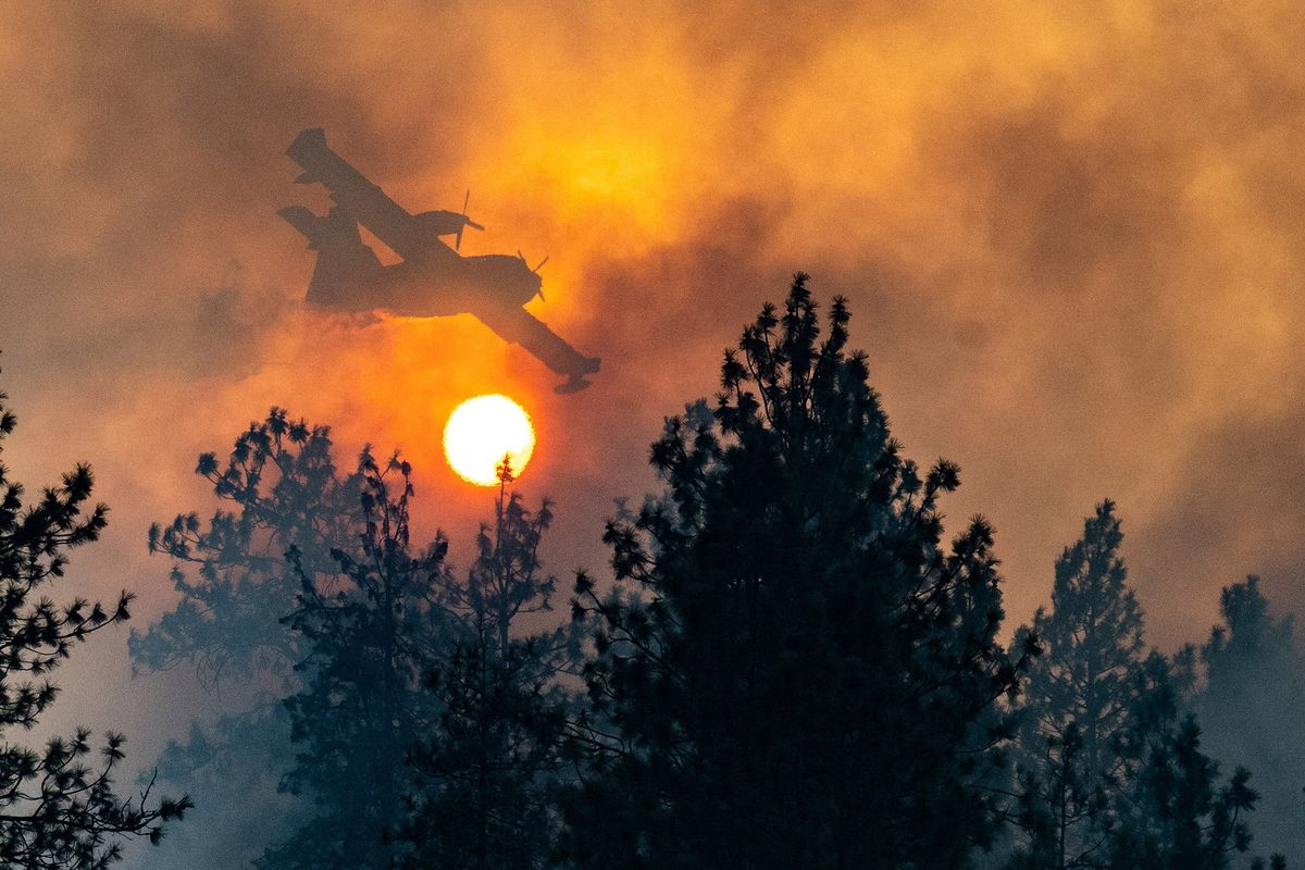 A firefighting aircraft drops water on a wildfire Friday, August 26, 2022, along the Rimrock Drive bluff west of downtown Spokane.  (COLIN MULVANY/THE SPOKESMAN-REVI)
