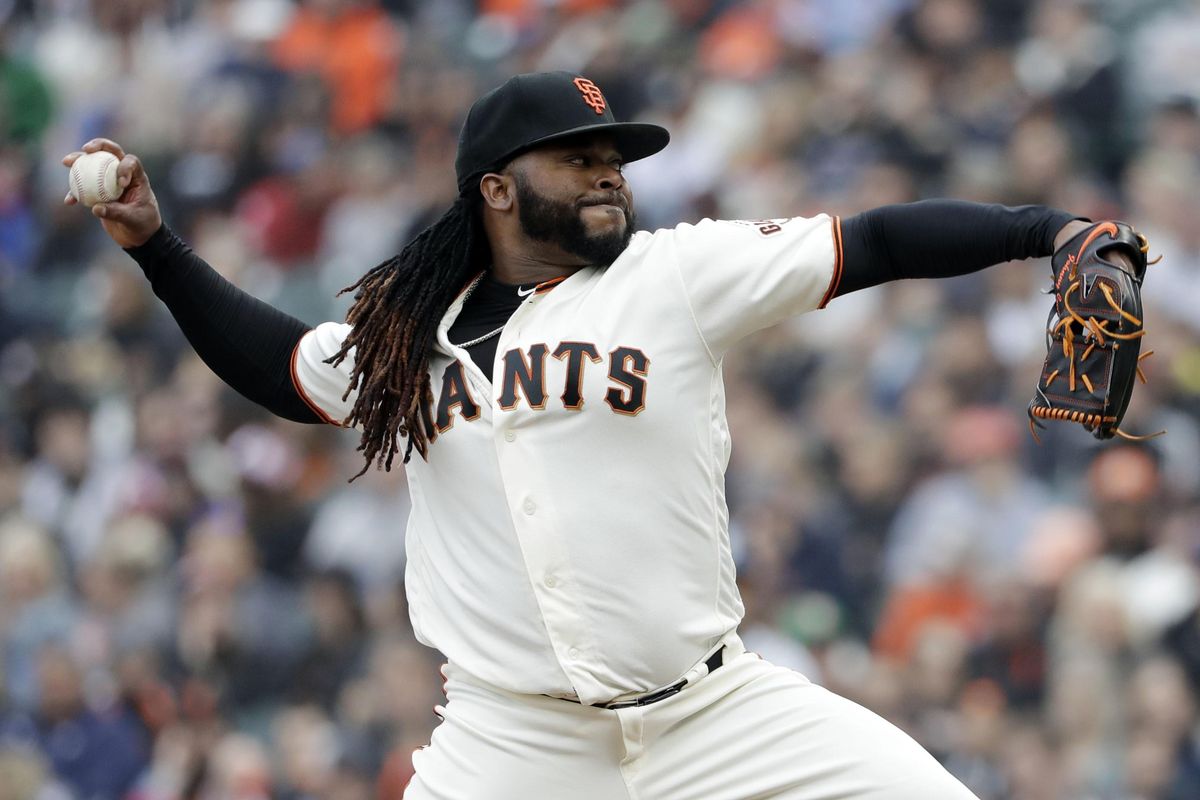 San Francisco Giants starting pitcher Johnny Cueto throws to the Seattle Mariners during the fourth inning of a baseball game Wednesday, April 4, 2018, in San Francisco. (Marcio Jose Sanchez / Associated Press)
