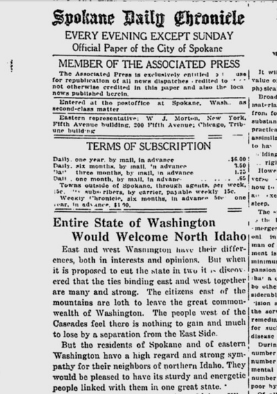 On March 8, 1921, the editorial board of the Spokane Daily Chronicle called for North Idaho to join Washington state, instead of the creation of a new state called “Lincoln” that would include just Eastern Washington and North Idaho. 