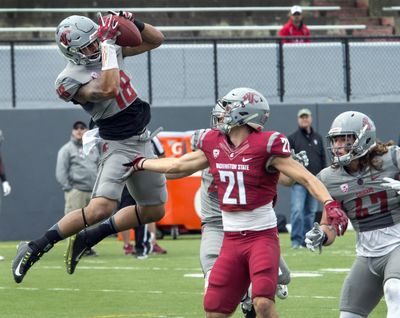 Washington State's Shalom Luani, left, intercepts a pass over River Cracraft during the spring game on April 23 at Joe Albi Stadium in Spokane. Luani was arrested Tuesday for second-degree assault.
 (Dan Pelle / DAN PELLE dpelle@spokesman.com)