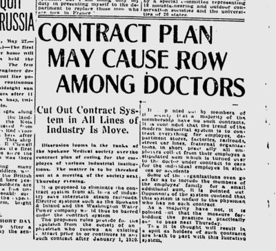 The Spokane Medical Society was considering a proposal to expel members who had contracts with companies to provide care for their employees, the Spokane Daily Chronicle reported on May 29, 1919. (Spokesman-Review archives)