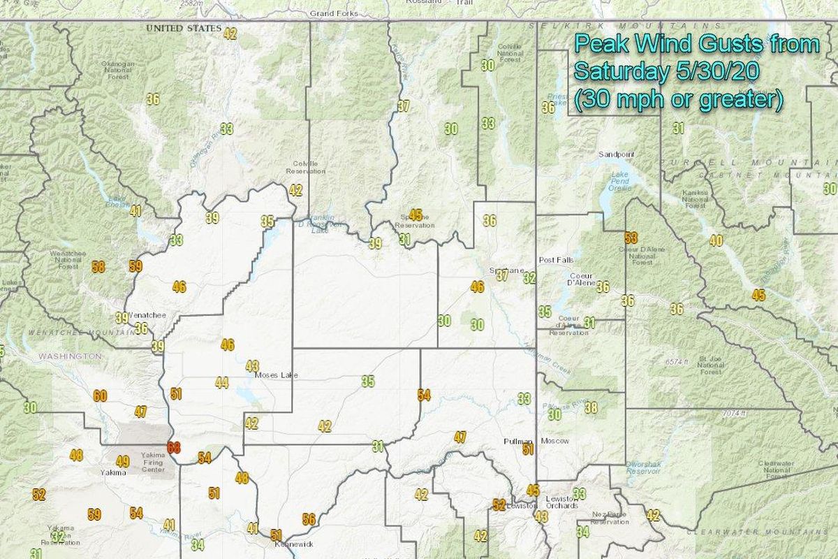 Peak gusts of wind measured in storm on May 30, 2020. (National Weather Service Spokane office)