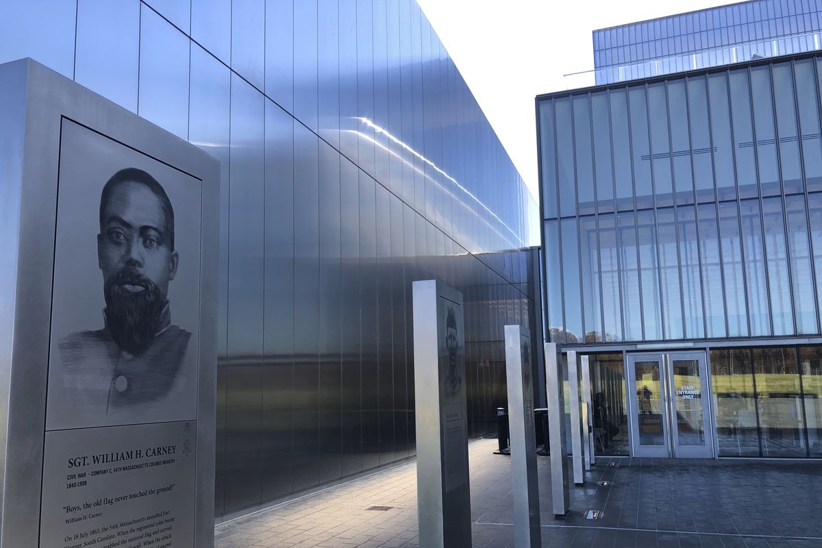 A marker commemorating the service of Sgt. William Carney, a former slave who served in the 54th Massachusetts Colored Infantry Regiment and became the first African American Medal of Honor recipient, is displayed outside the new National Museum of the United States Army on Tuesday in Fort Belvoir, Va.  (Associated Press)