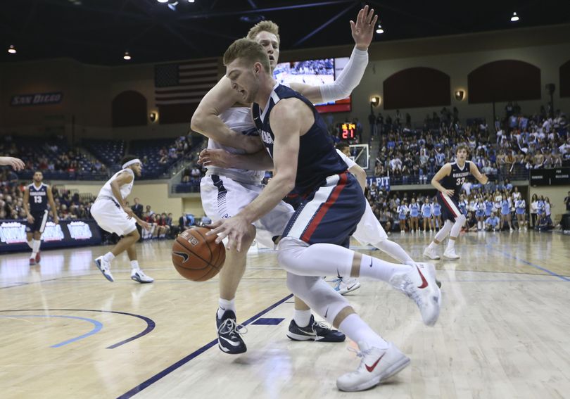 Gonzaga forward Domantas Sabonis forces a forearm into San Diego forward Cameron Neubauer while driving the baseline during the first half of an NCAA college basketball game Thursday, Feb. 25, 2016, in San Diego. (Lenny Ignelzi / Associated Press)