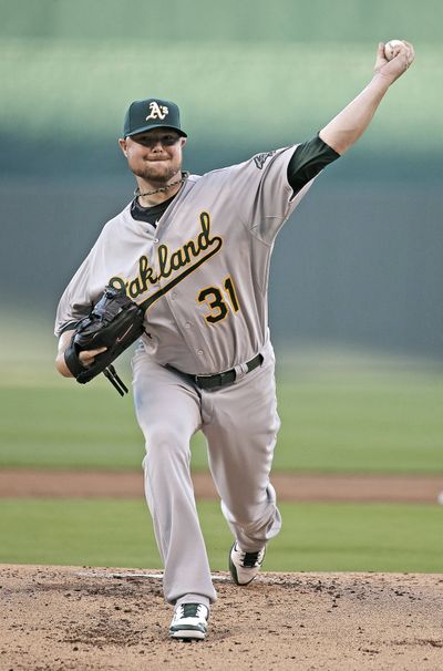 Jon Lester won his third straight since being acquired by the A’s. (Associated Press)