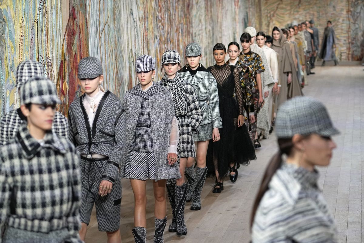 Models wear creations for Dior's Haute Couture Fall-Winter 2021-2022 fashion collection presented Monday, July 5, 2021, in Paris.  (Michel Euler)