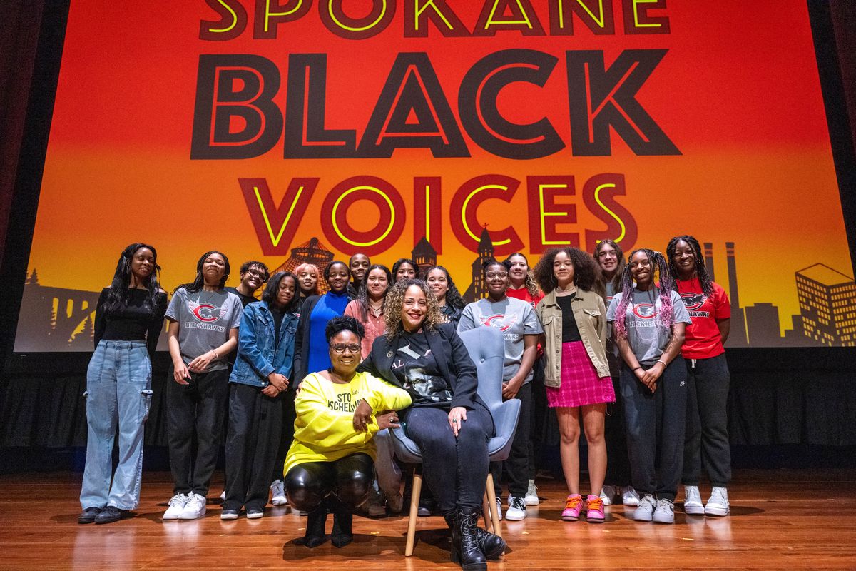 Participants in the Spokane Black Voices Symposium gather on stage at the Myrtle Woldson Performing Arts Center, Thursday, Feb. 1, 2024. Celebrating Black History Month with the re-launch of The Black Lens in print publication, Northwest Passages presented the third annual Spokane Black Voices Symposium. African American students from the Spokane area be presented their work, focusing on the theme: Black Joy - An Aspirational Mindset.  (Colin Mulvany/The Spokesman-Review)
