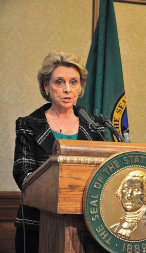 Gov. Chris Gregoire discusses the state's new revenue forecast on March 17, 2011. (Jim Camden/The Spokesman-Review)