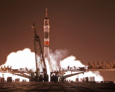 The Soyuz TMA-13M spaceship carrying a new crew to the International Space Station blasts off this morning at the Russian-leased Baikonur cosmodrome in Kazakhstan. (Associated Press)