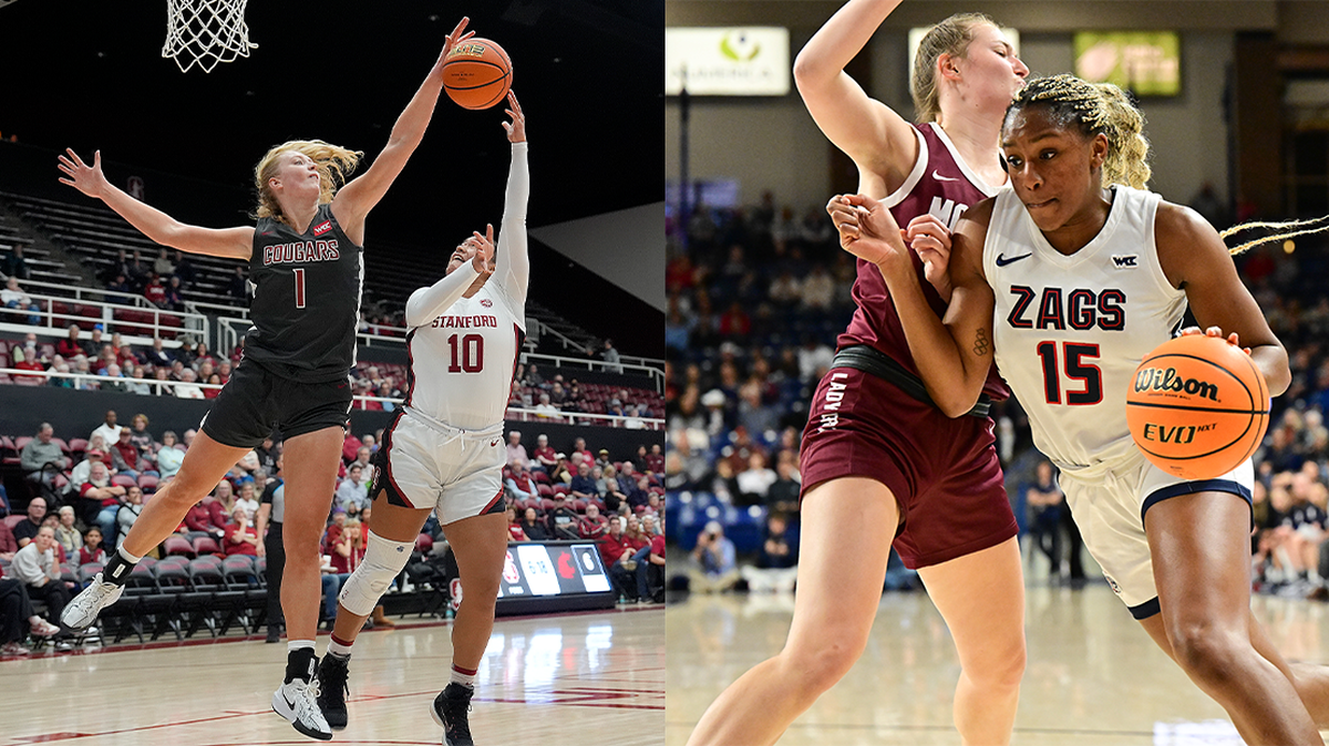 Washington State forward Tara Wallack, left, and Gonzaga forward Yvonne Ejim will try to lead their respective teams to victory on Saturday in Pullman.  (PHOTOS BY GETTY IMAGES AND TYLER TJOMSLAND/THE SPOKESMAN-REVIEW)