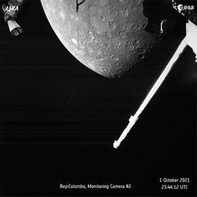 This image made available by the European Space Agency (ESA) shows planet Mercury taken by the joint European-Japanese BepiColombo spacecraft Mercury Transfer Module’s Monitoring Camera 2, Friday, Oct. 1, 2021.  (HOGP)